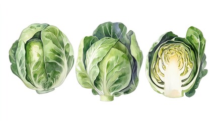 Fototapeta premium Vegetables and farm produce. Collection set watercolor fresh farm vegetables. Fresh green cabbages in various stages.