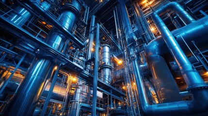 Obraz premium A high-tech chemical plant with interconnected pipes, tanks, and safety monitoring systems