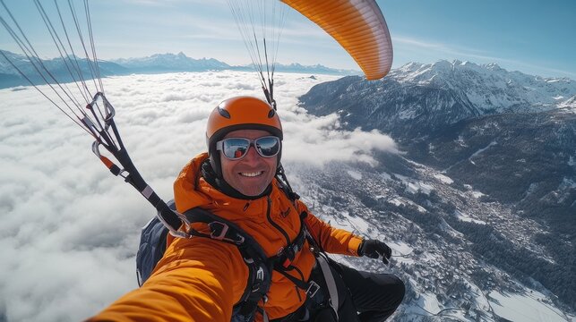 Caucasian male paraglider soars over snowy mountains on a sunny day