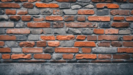 Textured brick wall featuring a mix of red and gray bricks with a weathered appearance, ideal for backgrounds and design projects.