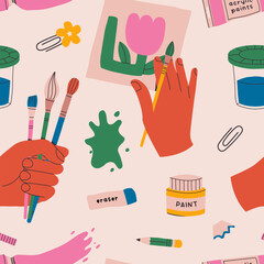 Painting tools hand drawn seamless pattern