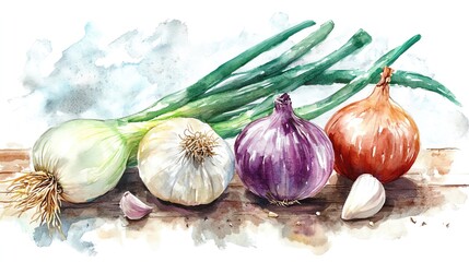 Vegetables and farm produce. Collection set watercolor fresh farm vegetables. Colorful onions on a wooden surface.