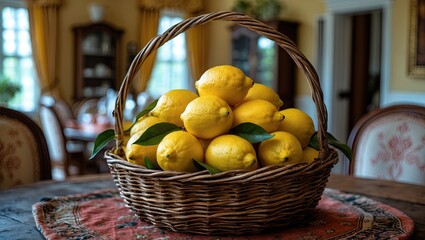 Bright yellow lemons piled in a large wicker basket with green leaves on a round, colorful tablecloth in a cozy dining room setting.