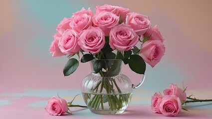 Glass vase with fresh pink roses arranged elegantly in a pastel background featuring soft pink and blue hues with scattered roses nearby.