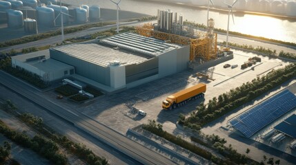 A high-tech energy plant being built with solar panels and wind turbines nearby