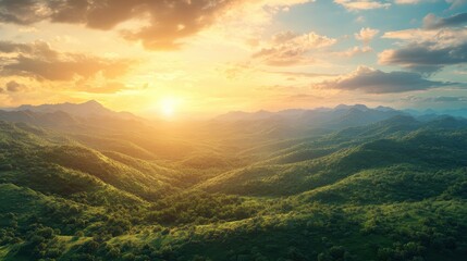 Fototapeta premium Majestic mountain landscape at sunset with rolling green hills and dramatic clouds