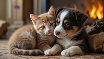 A cozy interaction between a playful kitten and a friendly puppy on a warm rug near the fireplace.