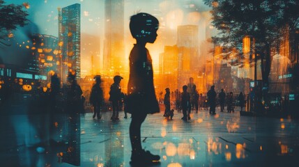 Fototapeta premium Silhouette of child amidst urban cityscape at sunset with reflections