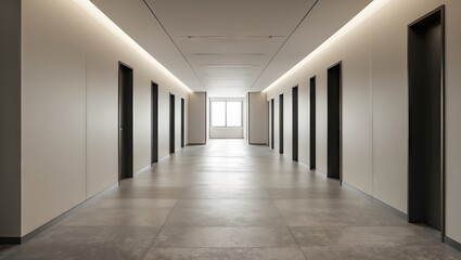 Modern vacant corridor with gray tiled floor and white walls, featuring black doors on either side and natural light at the far end.