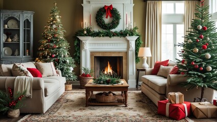 Cozy Christmas living room with a white sofa and armchair, greenery-draped fireplace, two decorated fir trees, and festive gifts on a rustic table.