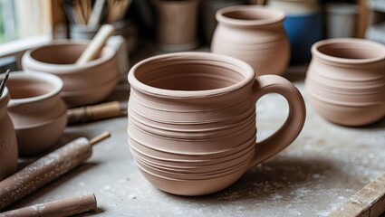 Fototapeta premium Handcrafted clay mug with textured surface in a ceramist studio setting surrounded by additional pottery on a rustic workbench with natural light.