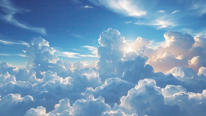 Majestic blue sky with vibrant white fluffy clouds lit by sunlight creating bright atmosphere ideal for text overlay and design elements