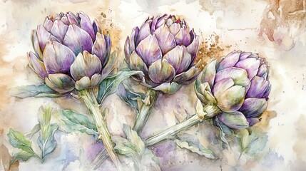 Obraz premium Vegetables and farm produce. Collection set watercolor fresh farm vegetables. Beautiful watercolor artichoke flower arrangement.