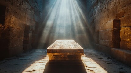 Ancient egyptian tomb with sunlit sarcophagus in mysterious stone chamber