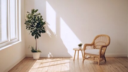 Relaxing space with rattan chair and indoor plant in bright minimalist room