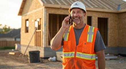 Smiling construction worker wearing safety vest talking on his cellphone