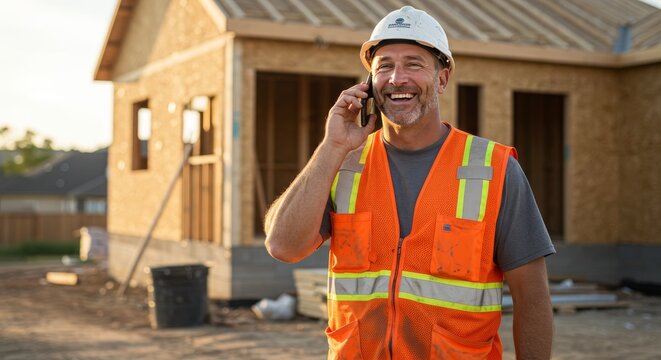 Smiling construction worker wearing safety vest talking on his cellphone