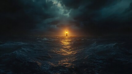 Lighthouse shining brightly amidst stormy sea, dark clouds overhead. Perfect for hope, guidance, or overcoming adversity themes.