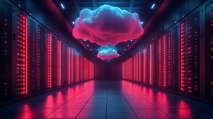 Modern server room with overhead cloud icon, futuristic data center concept showcasing advanced digital infrastructure and cutting-edge technology