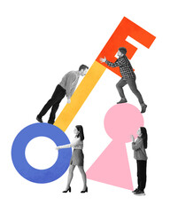 Contemporary art collage. Team working together to lift giant key towards keyhole, representing...