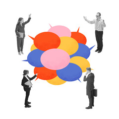 Contemporary art collage. Professionals standing around overlapping speech bubbles, representing negotiation, brainstorming, strategic planning. Concept of corporate discussion, decision-making.