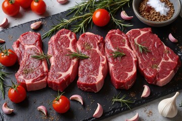 Fresh cuts of beef with herbs, garlic, and tomatoes arranged on a black slate surface in bright kitchen lighting