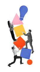 Contemporary art collage. Team stacking geometric blocks towards light bulb, representing innovation, idea generation, creative thinking. Teamwork, entrepreneurship, corporate problem-solving concept.
