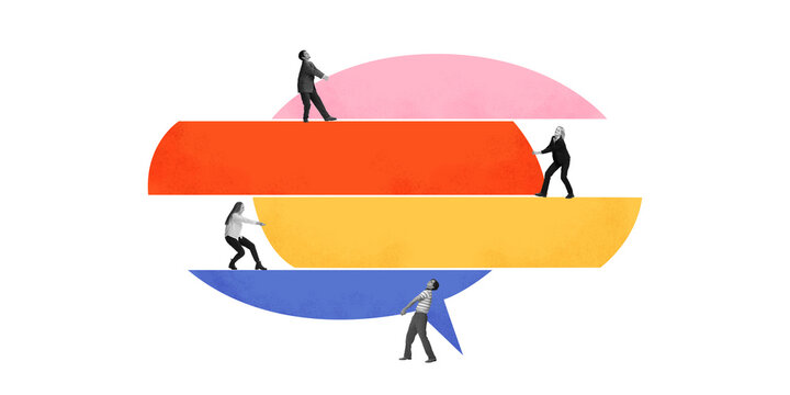 Contemporary art collage. Business professionals interacting with floating speech bars, symbolizing structured communication, cooperation, leadership. Concept of teamwork, effective communication.