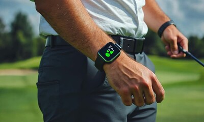 Golfer checking smartwatch while preparing to swing on a sunny day at a lush green golf course - Powered by Adobe