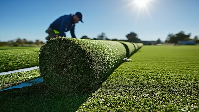 Hardworking gardener rolling out fresh green grass carpet rolls on sunny day, creating new lawn patches in open field with clear blue sky, natural real grass atmosphere, workwear gloves