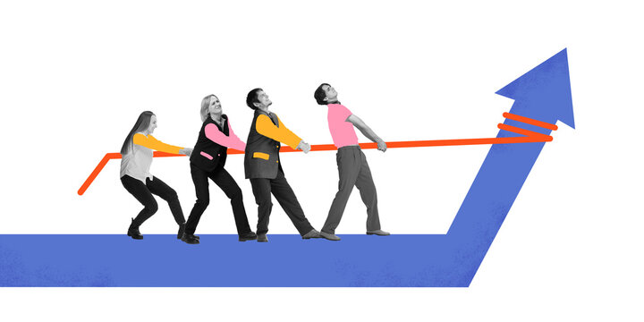 Contemporary art collage. Team pulling arrow upward, representing collective effort, goal achievement, overcoming challenges. Concept of business growth, success, leadership, corporate strategy.