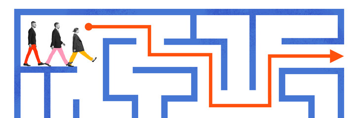 Contemporary art collage. Business professionals navigating maze, symbolizing strategic...