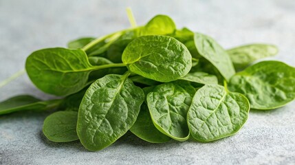 Fototapeta premium Fresh green spinach leaves on light gray surface