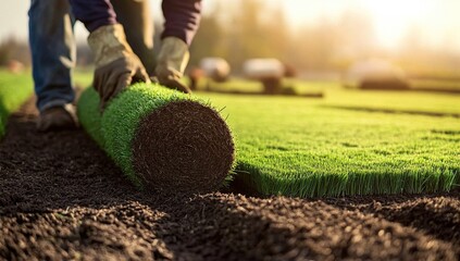 Hardworking gardener rolling out fresh green grass carpet rolls on sunny day, creating new lawn patches in open field with clear blue sky, natural real grass atmosphere, workwear gloves