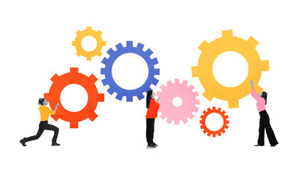Contemporary art collage. Team adjusting interconnected gears, representing coordination,...