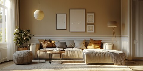 Beige Scandinavian-style living room with clean lines and light.