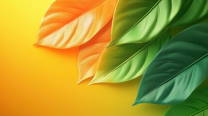 Vibrant leaves in green and orange shades layered over a warm gradient background. Concept of seasonal transition, nature, and modern design.