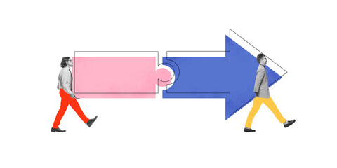 Contemporary art collage. Professionals assembling puzzle and arrow, symbolizing structured...