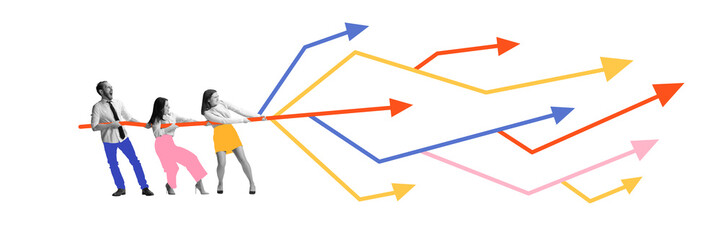 Contemporary art collage. Team pulling multiple arrows in different directions, symbolizing...