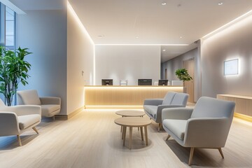 Fototapeta premium A contemporary waiting area in a dental clinic features stylish seating arrangements and soft lighting, creating a serene atmosphere for patients prior to their appointments