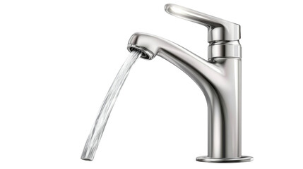 A modern chrome faucet with water flowing smoothly, isolated on transparent background, with splashing droplets around the stream