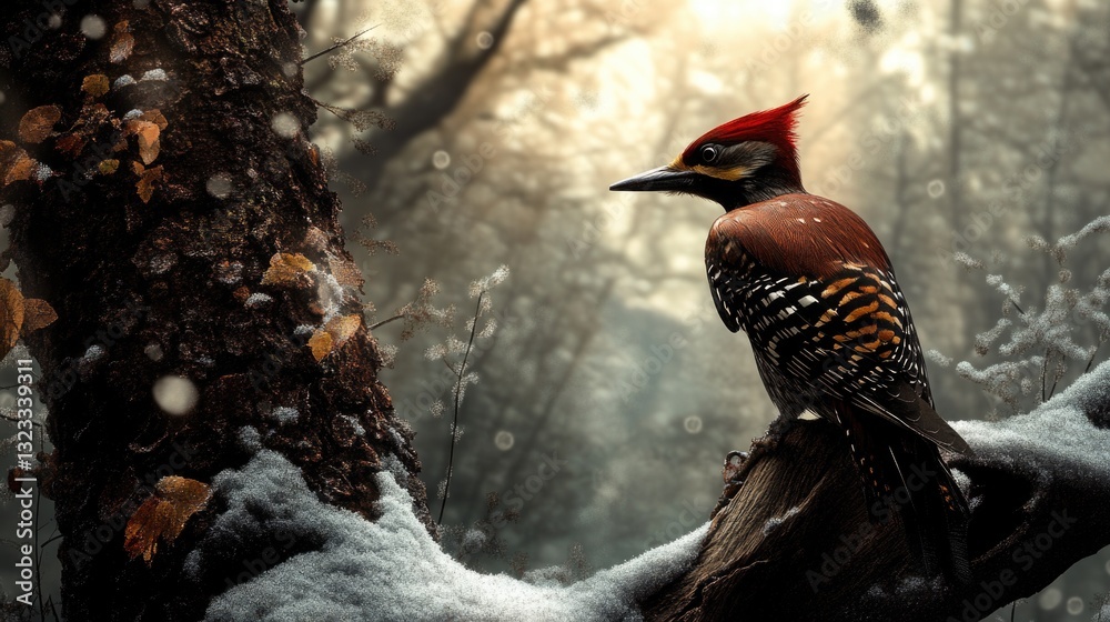 Aufkleber a bird perched on a snowy tree branch, ready to take flight
