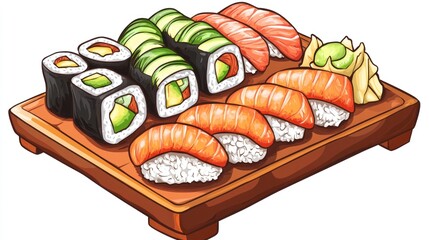 Vibrant illustration of a sushi platter showcasing delicious Japanese cuisine varieties