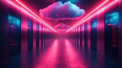 Modern server room with overhead cloud icon, futuristic data center concept showcasing advanced digital infrastructure and cutting-edge technology