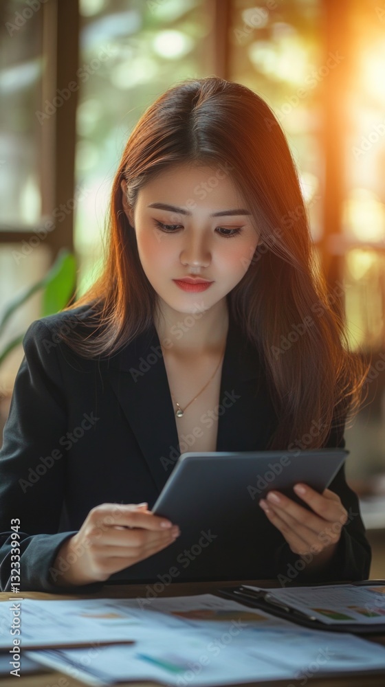 Poster a woman sits at a table with a tablet computer, using it for work or leisure
