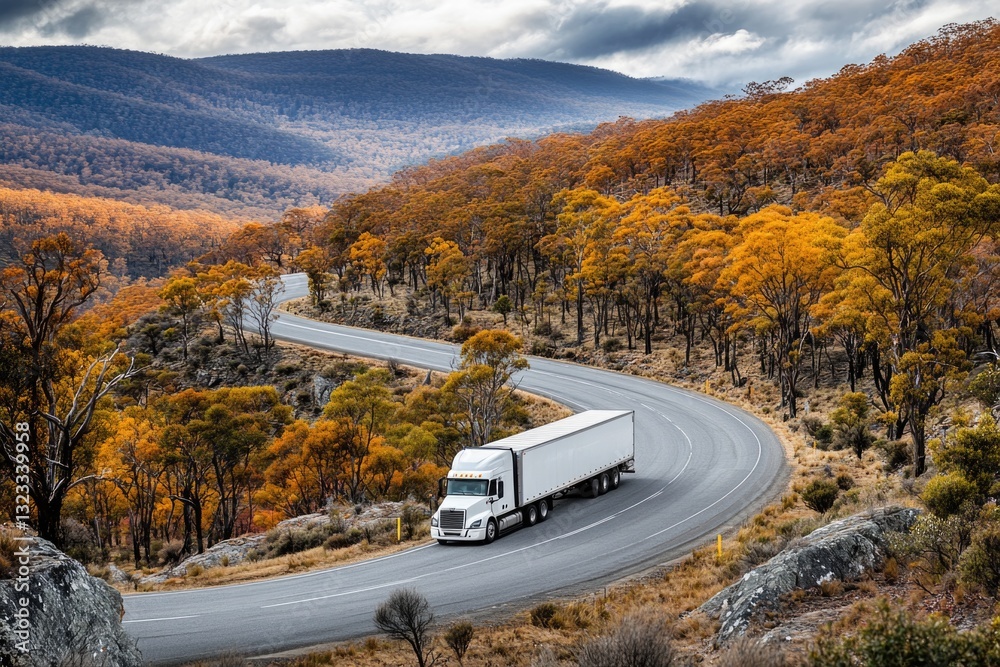Poster a large rig navigating a serpentine highway amidst mountainous terrain