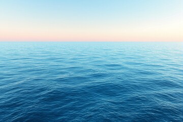 Fototapeta premium Calm blue ocean waves stretching to horizon under pastel sky on a serene background. Concept of tranquility, nature, and peaceful seascape. Ai generative