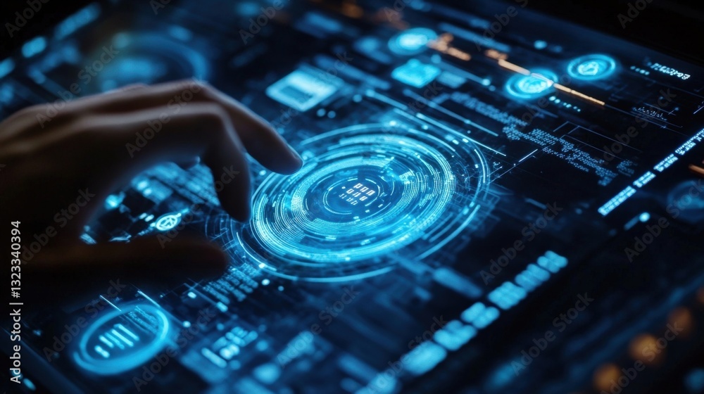 Poster hand interacting with a complex digital interface featuring glowing circular elements and streams of