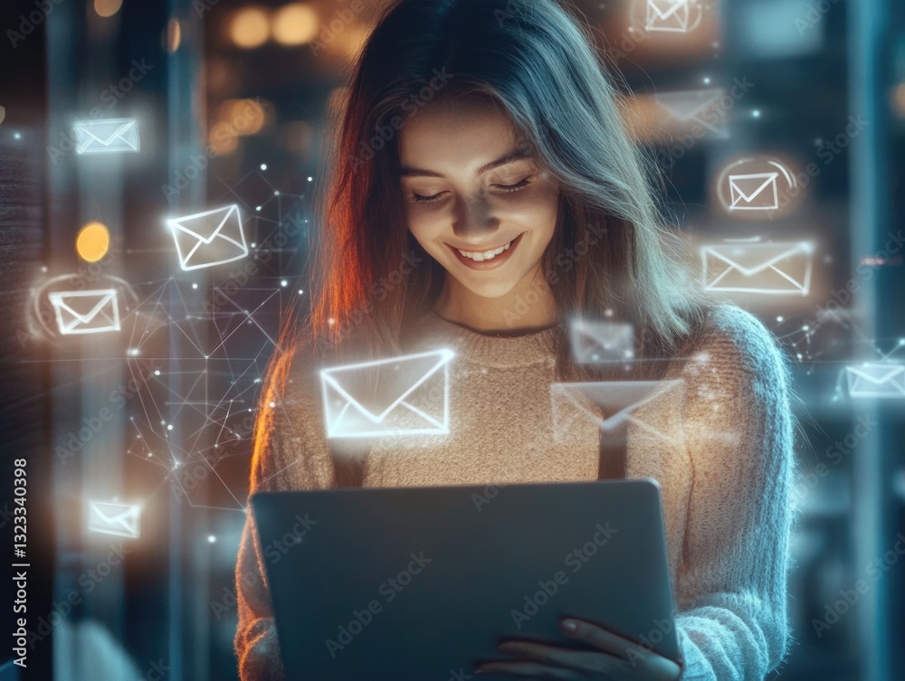 Poster a woman sitting in front of a screen, using a tablet and surrounded by email icons