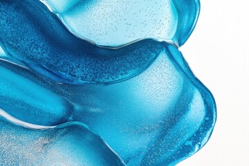 Abstract blue liquid texture with glossy, wavy layers and shimmering details on a white background